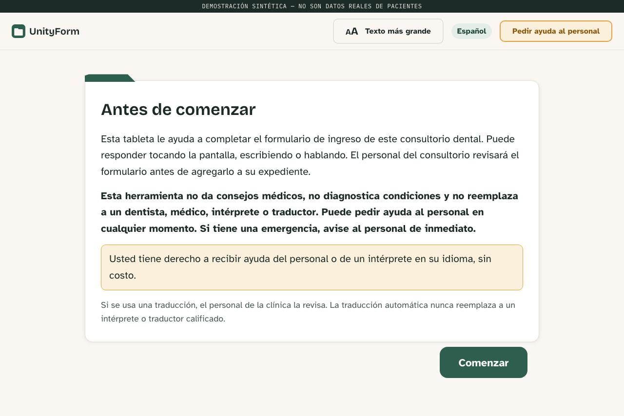 UnityForm check-in tablet before-start screen in Spanish, with an always-visible staff help button and a practice-data banner