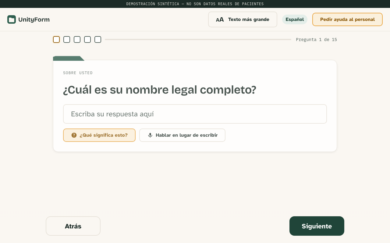 UnityForm check-in tablet showing the first dental intake question in Spanish