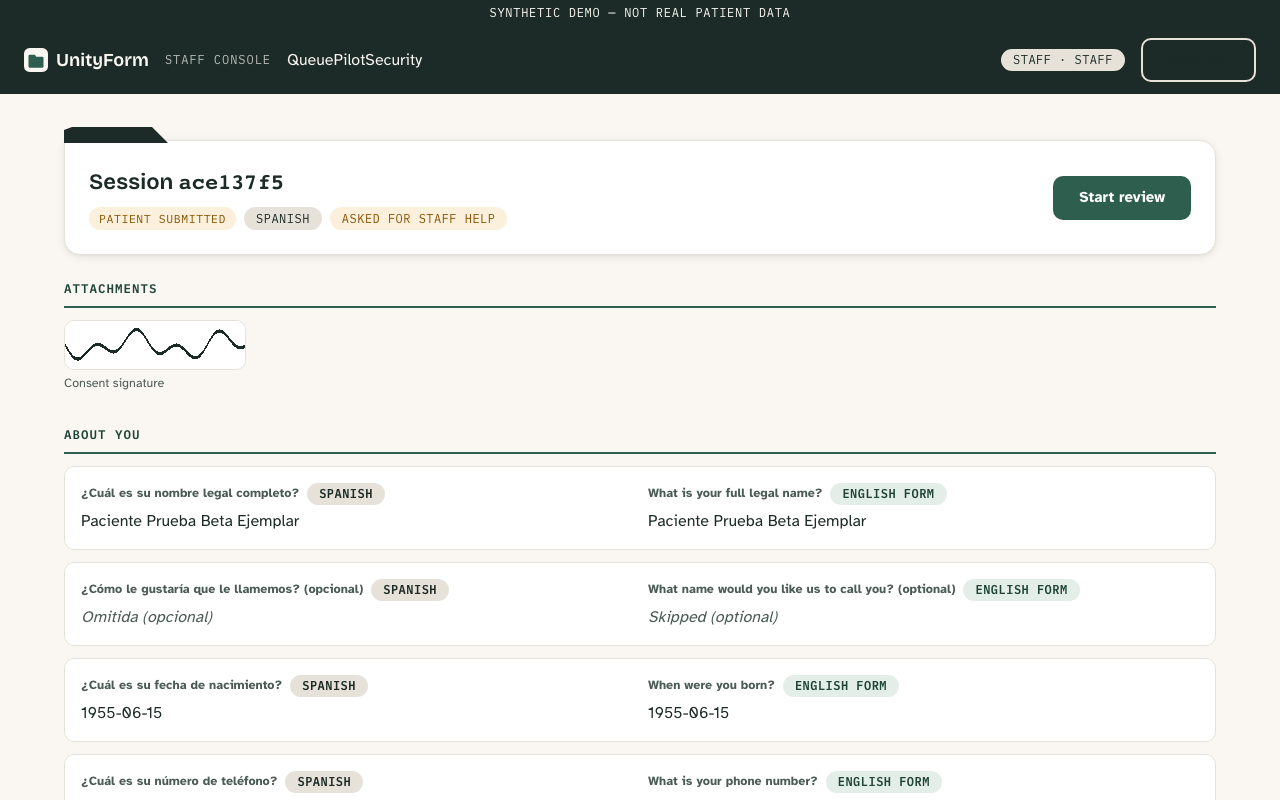 UnityForm front-desk view showing practice answers in Spanish beside the English clinic form